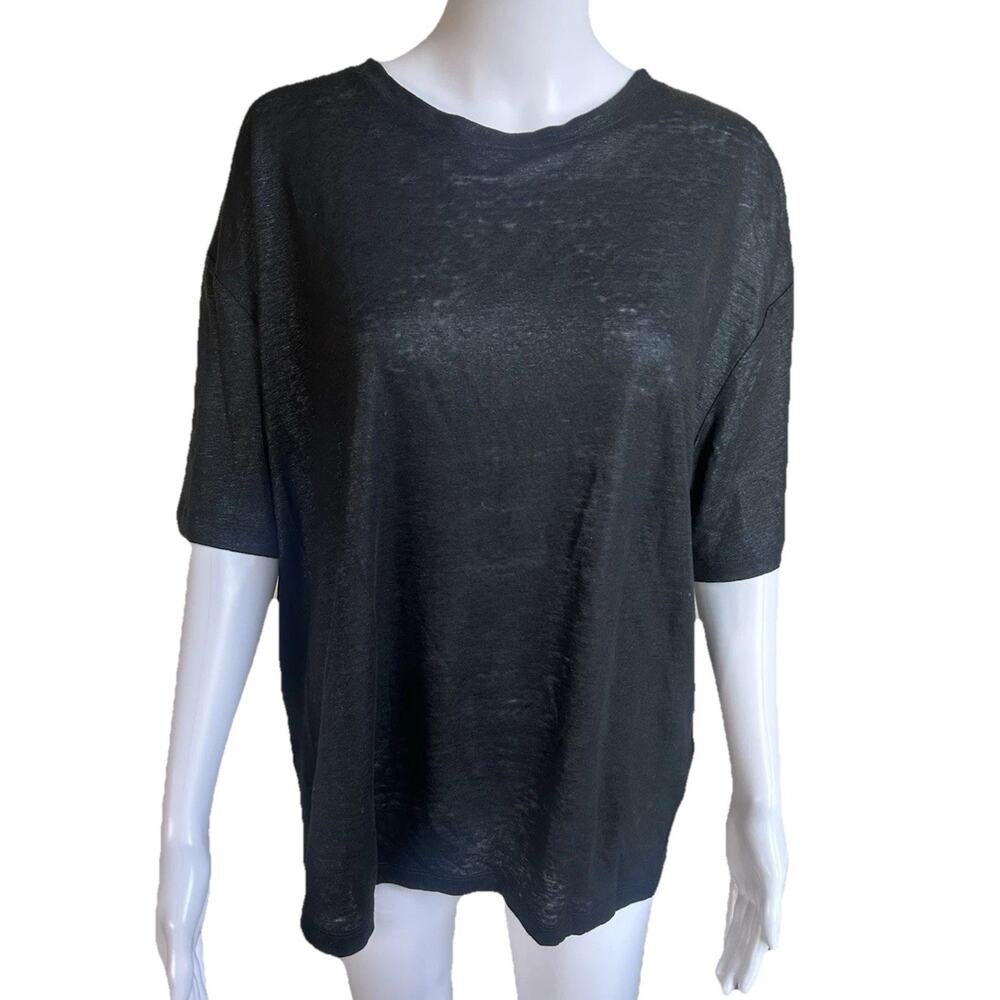Sass & Bide 100% Linen T Shirt Womens L Black Boxy Semi Sheer Short Sleeve Top